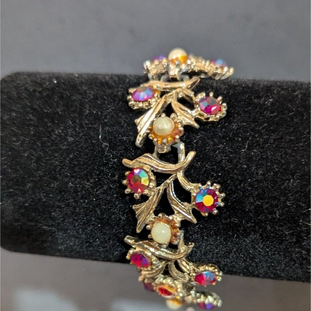 Vintage Aurora Borealis Rhinestone Bracelet Gold-Tone‎ Floral 7" Sparkle Estate